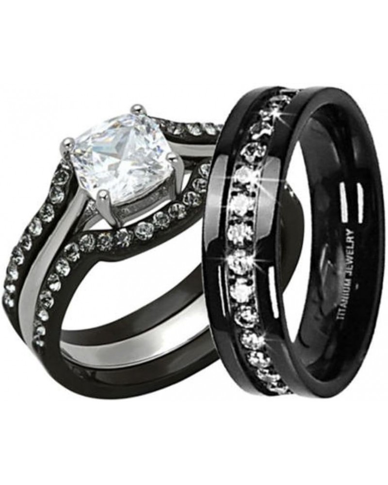 His and Hers 4 Piece Black Stainless Steel and Titanium Wedding Engagement Ring Band Set Size Women's 09 Men's 11 $20.39 Sets