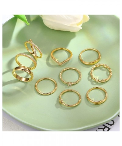 10 PCS Dainty 14K Gold Rings for Women Teen Girls, Open Twist Simulated Diamond Criss Cross Designs, Perfect for Stacking Lay...