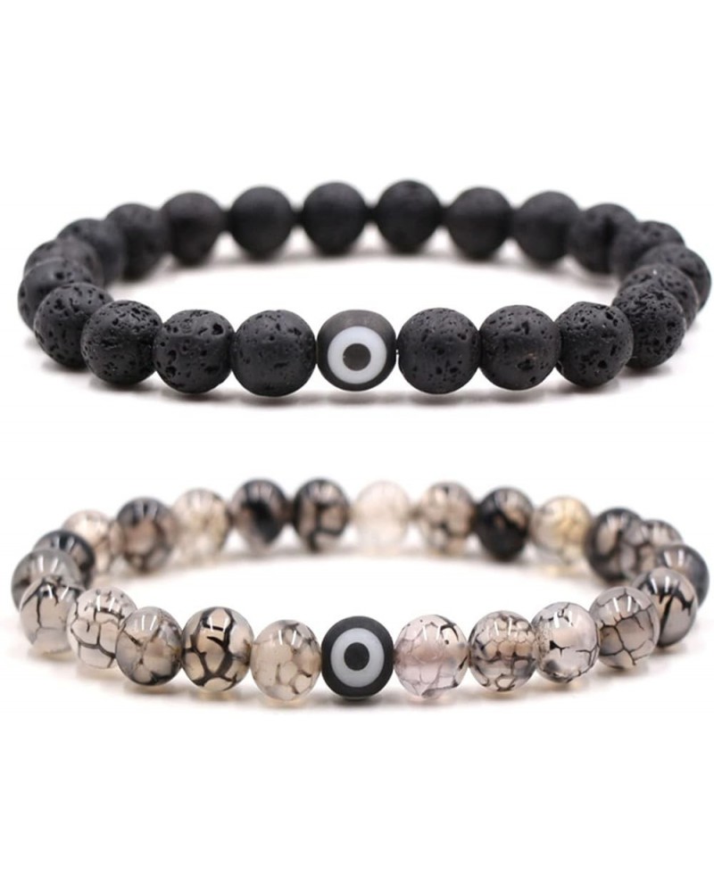 2Pcs Handmade 8mm Natural Stone Chakra Bead Evil Eye Stretch Adjustable Bracelets Lukcy Protection Lava Rock Balancing Stress...