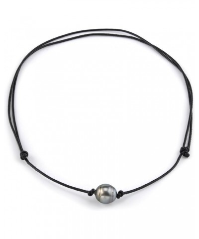 10-11mm Baroque Genuine Black Tahitian South Sea Cultured Pearl Adjustable Leather Necklace for Women $41.54 Necklaces