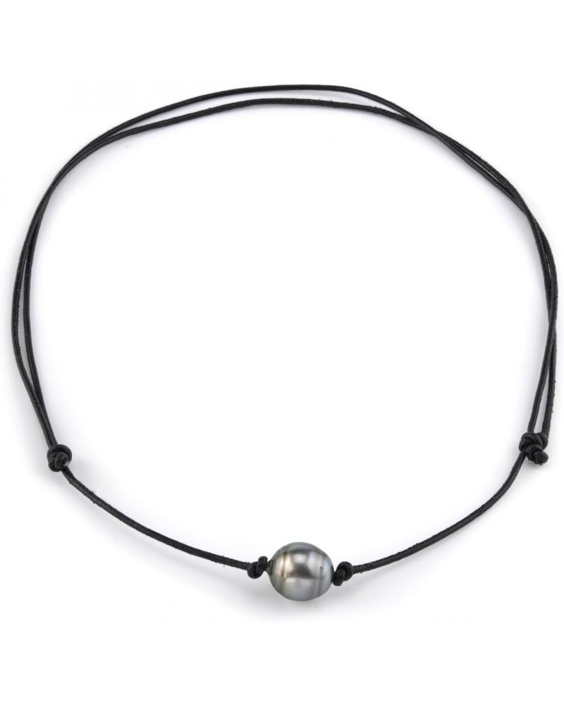 10-11mm Baroque Genuine Black Tahitian South Sea Cultured Pearl Adjustable Leather Necklace for Women $41.54 Necklaces