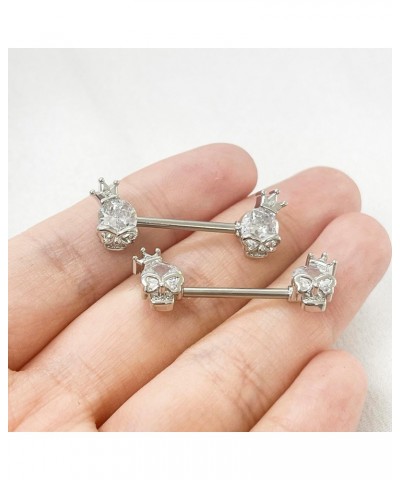 14G Skull Nipple Rings for Women Girls Surgical Steel Clear Diamond Crown Nipple Studs Straight Bar Barbell Nipplerings Body ...