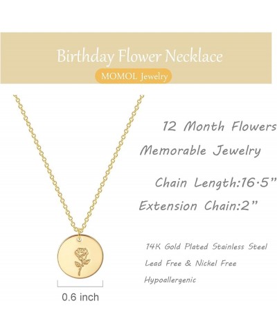 Birth Month Flower Necklace for Women 14K Gold Plated Engraved Floral Coin Pendent Necklace for Girls 10-October-Marigold $8....