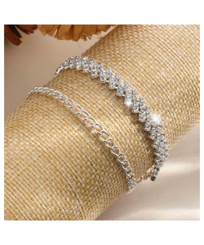 Boho Tennis Ankle Bracelets for Women Silver Rhinestone Tennis Chain Anklet Personality Rhombus CZ Diamond Anklet Summer Beac...