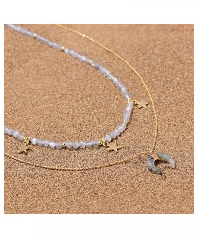 Beach Necklace Crystal Beads Necklace for Women Natural Stone 18K Gold Plated Layered Charm Choker Necklace for Teen Girl Boh...