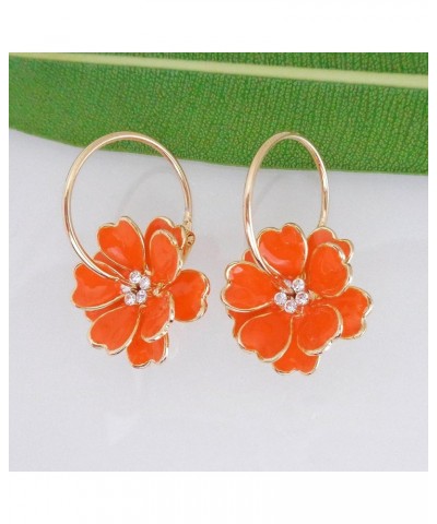 18k Gold Plated Enamel Flower Crystal Hoop Earrings(Dia. 3cm) Mini Orange $10.02 Earrings