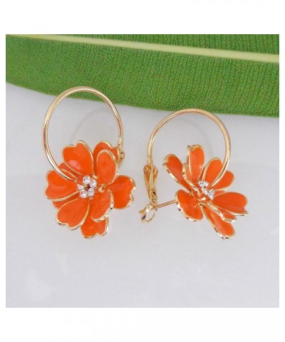 18k Gold Plated Enamel Flower Crystal Hoop Earrings(Dia. 3cm) Mini Orange $10.02 Earrings