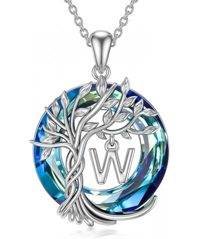 Tree of Life Initial Necklace for Women, 925 Sterling Silver Letter A to Z Initial Pendant Necklaces with Blue Circle Crystal...