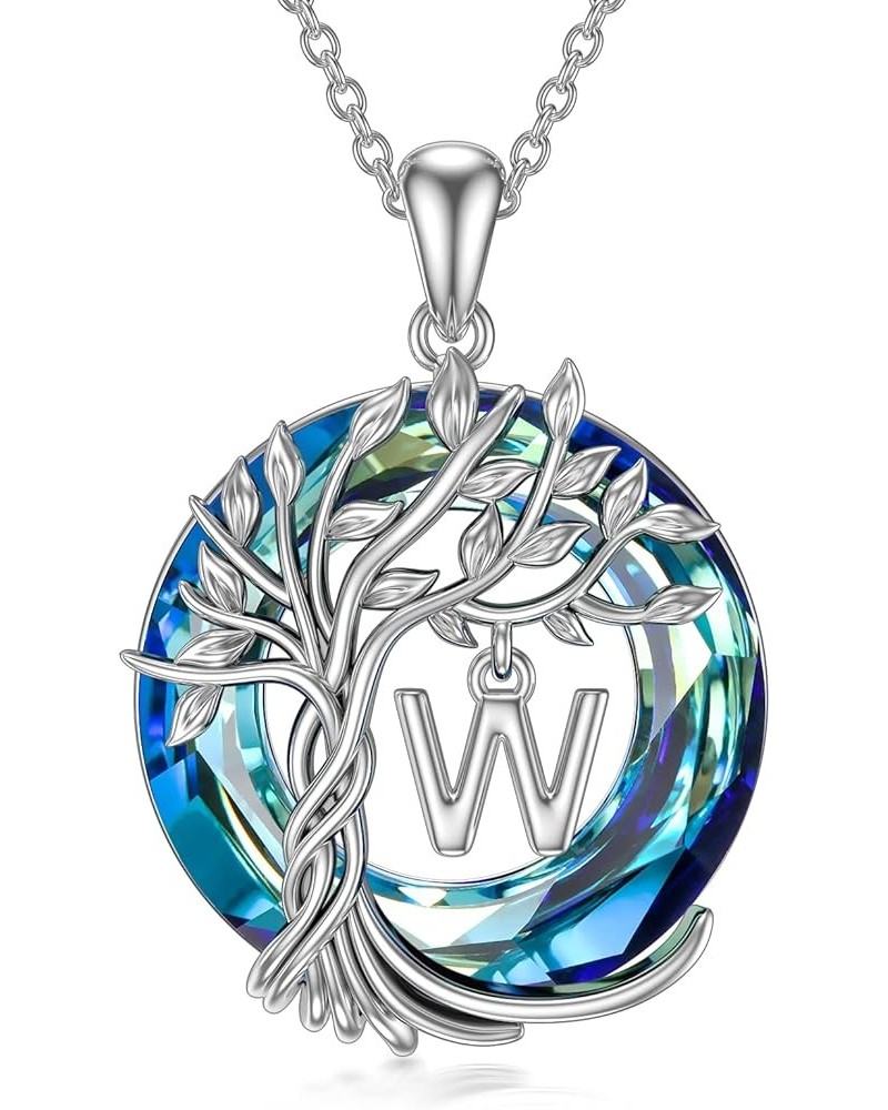 Tree of Life Initial Necklace for Women, 925 Sterling Silver Letter A to Z Initial Pendant Necklaces with Blue Circle Crystal...