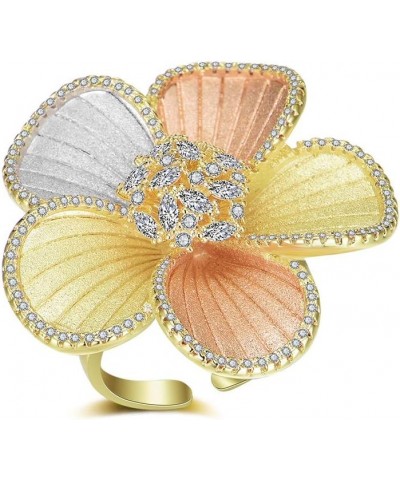 Tricolor Gold Flower Rings for Women 18k Gold Plated Fashion Crystal Setting Statement Ring Gift $12.60 Rings