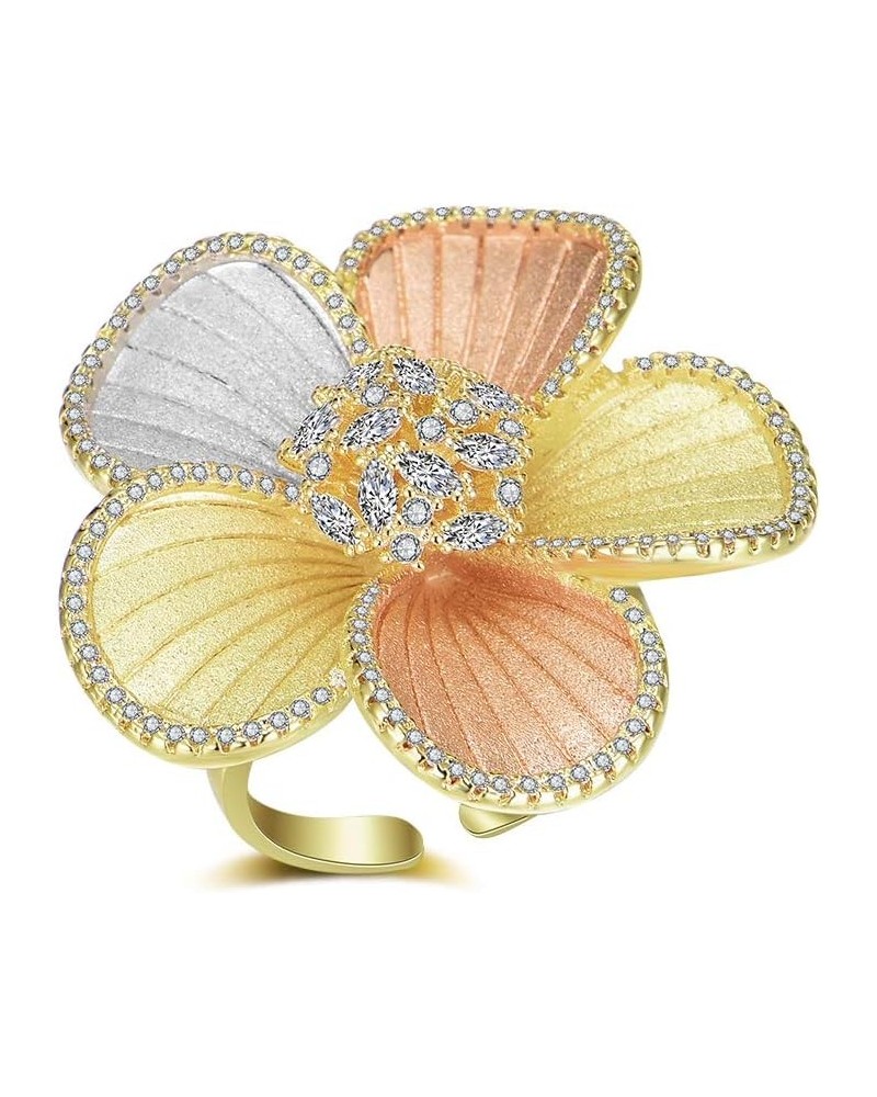 Tricolor Gold Flower Rings for Women 18k Gold Plated Fashion Crystal Setting Statement Ring Gift $12.60 Rings