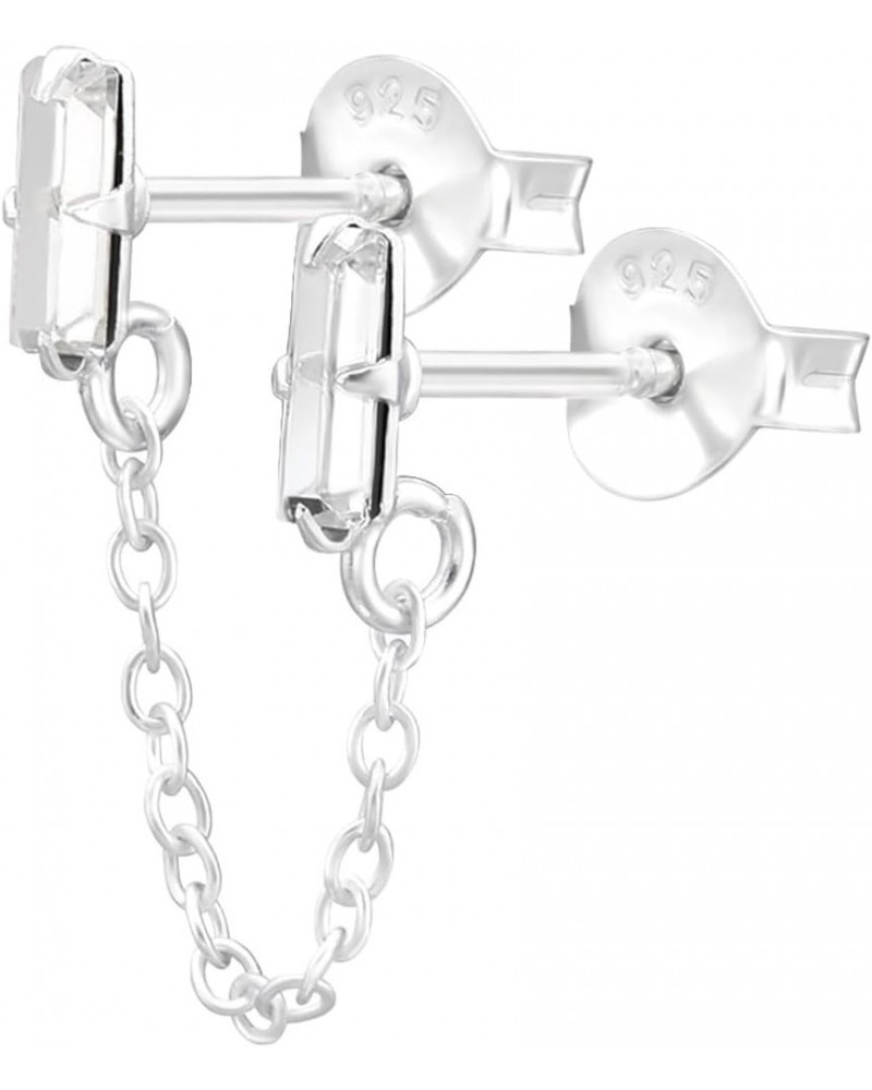 925 Sterling Silver Crystal Baguette Double Stud Earrings with Connecting Chain $11.39 Earrings