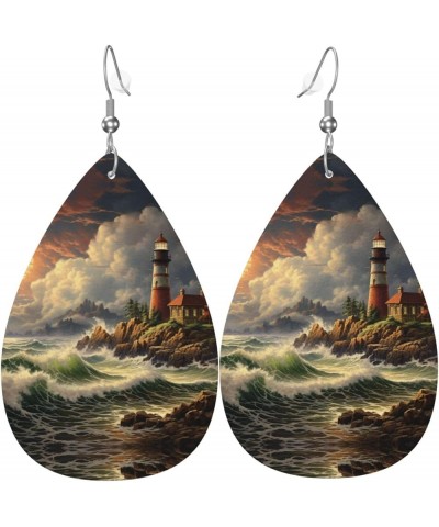 Coast Wave And Lighthouse Printed Earrings,Leather Earrings For Women,Fashion Teardrop Dangle Earrings For Valentine Birthday...