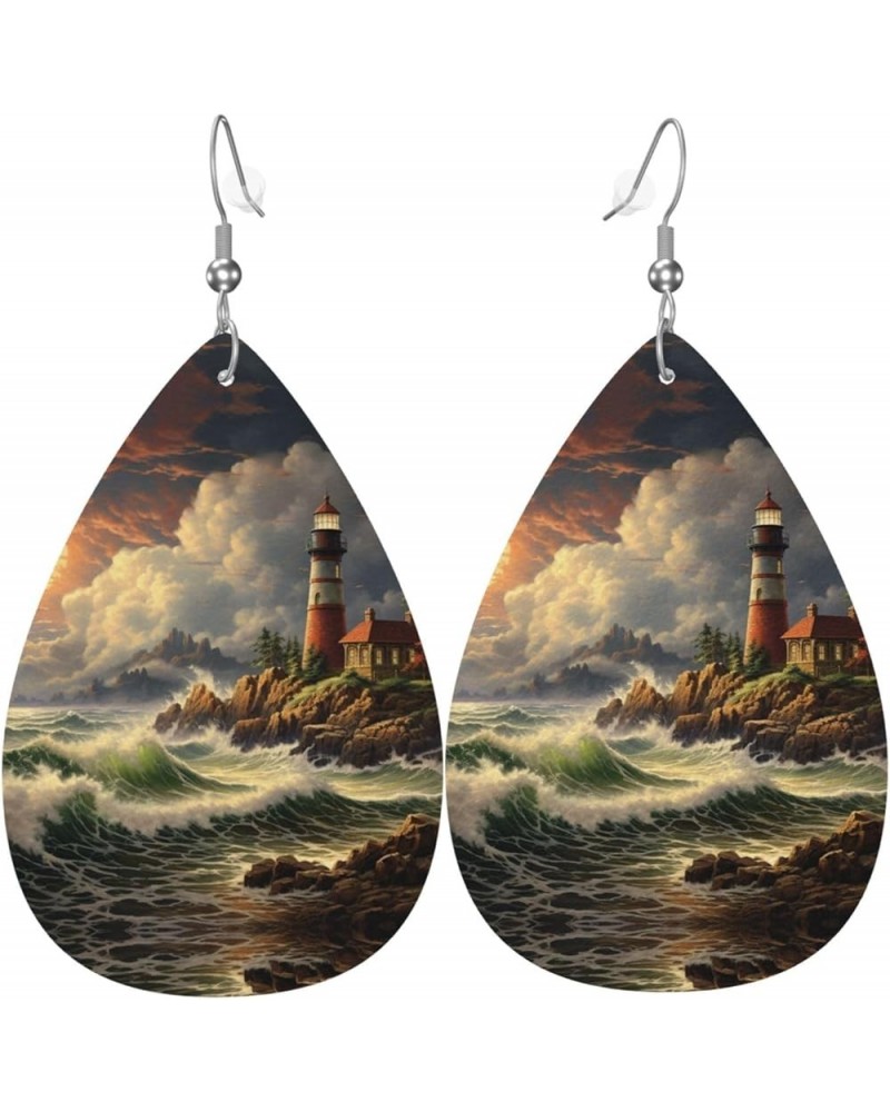 Coast Wave And Lighthouse Printed Earrings,Leather Earrings For Women,Fashion Teardrop Dangle Earrings For Valentine Birthday...