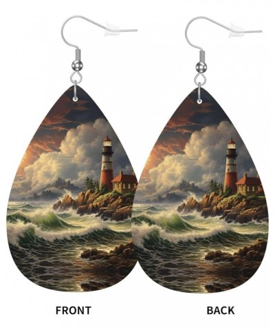 Coast Wave And Lighthouse Printed Earrings,Leather Earrings For Women,Fashion Teardrop Dangle Earrings For Valentine Birthday...