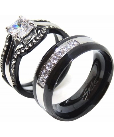 His Hers Couples Ring Set Womens Black Stainless Steel Promise Ring Mens 7 CZ Wedding Band Size Women's 09 Men's 11 $21.19 Sets