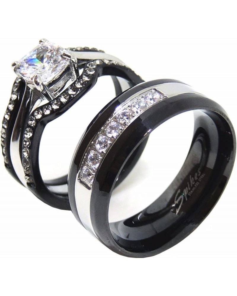 His Hers Couples Ring Set Womens Black Stainless Steel Promise Ring Mens 7 CZ Wedding Band Size Women's 09 Men's 11 $21.19 Sets