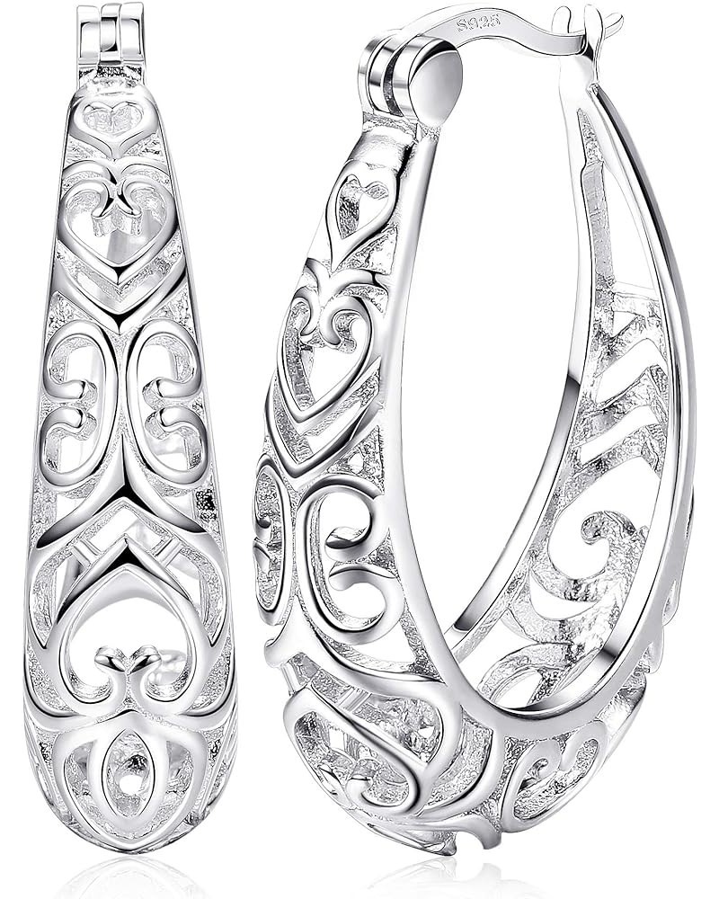 925 Sterling Silver Hoop Earrings for Women 18K White Gold Plated Textured Filigree Oval Hoop Earrings Lightweight & Hypoalle...