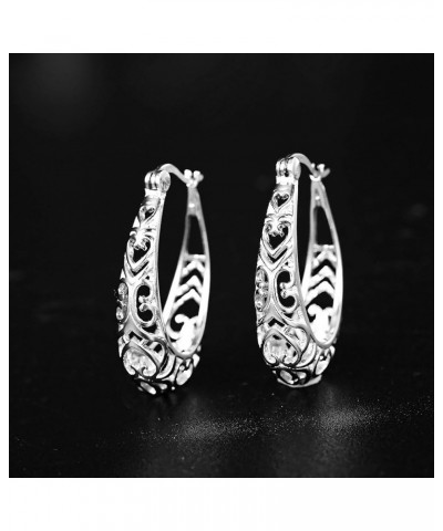 925 Sterling Silver Hoop Earrings for Women 18K White Gold Plated Textured Filigree Oval Hoop Earrings Lightweight & Hypoalle...