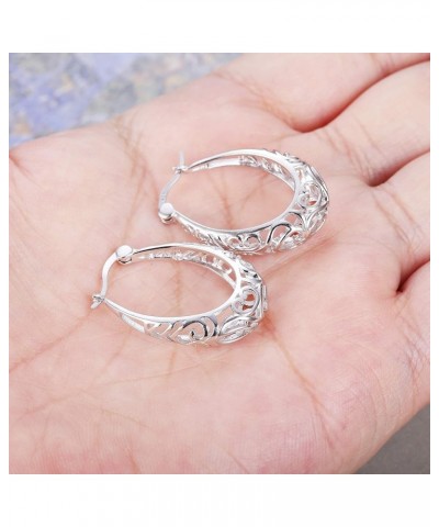 925 Sterling Silver Hoop Earrings for Women 18K White Gold Plated Textured Filigree Oval Hoop Earrings Lightweight & Hypoalle...