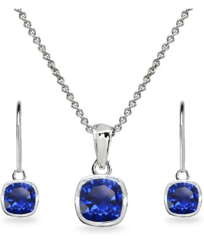 Sterling Silver Genuine or Synthetic Gemstone Cushion Bezel Pendant Necklace & Dangle Earrings Set Synthetic Blue Spinel - Se...