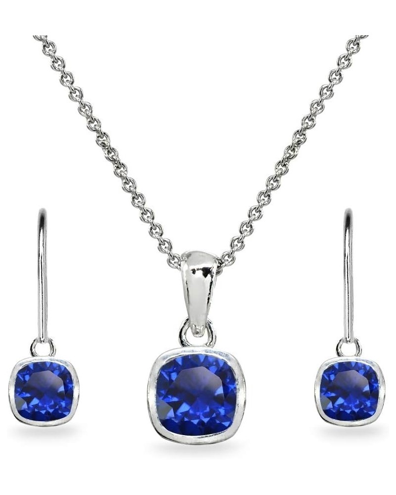 Sterling Silver Genuine or Synthetic Gemstone Cushion Bezel Pendant Necklace & Dangle Earrings Set Synthetic Blue Spinel - Se...