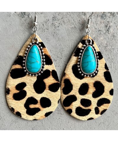 Western Cowgirl Cowboy Earrings Lightweight Bohemian Turquoise Cow Leopard Print Wood Teardrop Dangle Earrings for Women Girl...