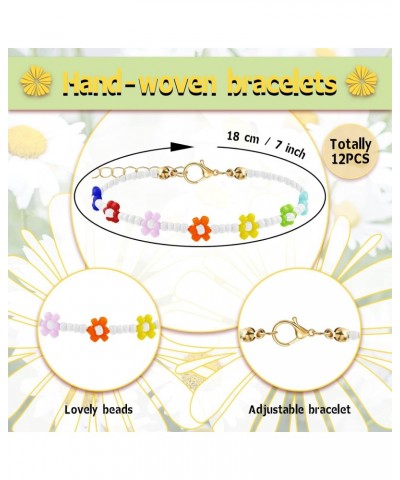 12 Pcs Colorful Daisy Flower Bracelets Indie Handmade Flower Bracelets Cute Bohemian Y2k Adjustable Flower Girl Summer Bracel...