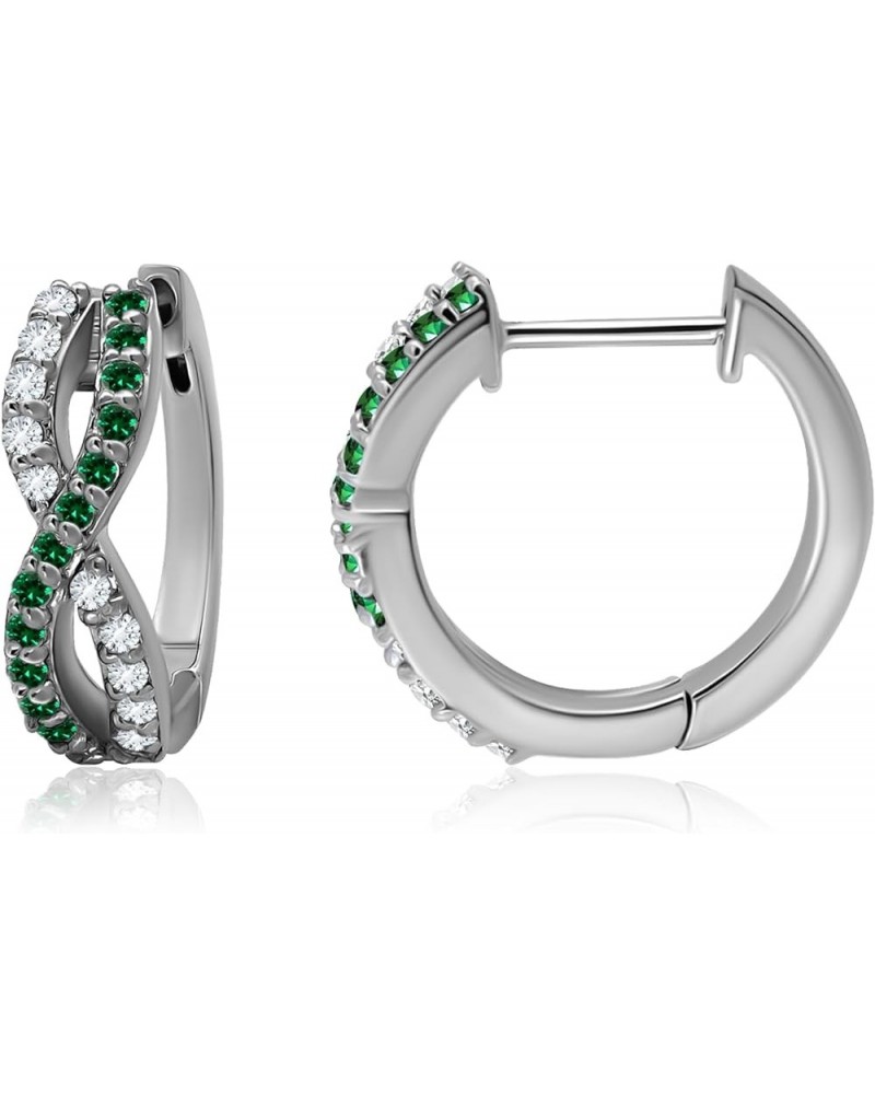 Sterling Silver Created or Simulated Gemstone & White CZ Infinity Twist Braid Huggie Hoop Earrings for Women Girls, 15mm Diam...