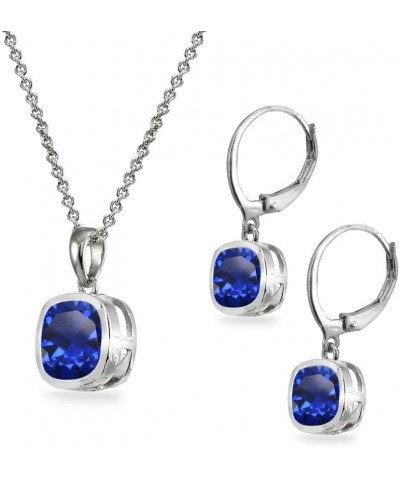 Sterling Silver Genuine or Synthetic Gemstone Cushion Bezel Pendant Necklace & Dangle Earrings Set Synthetic Blue Spinel - Se...